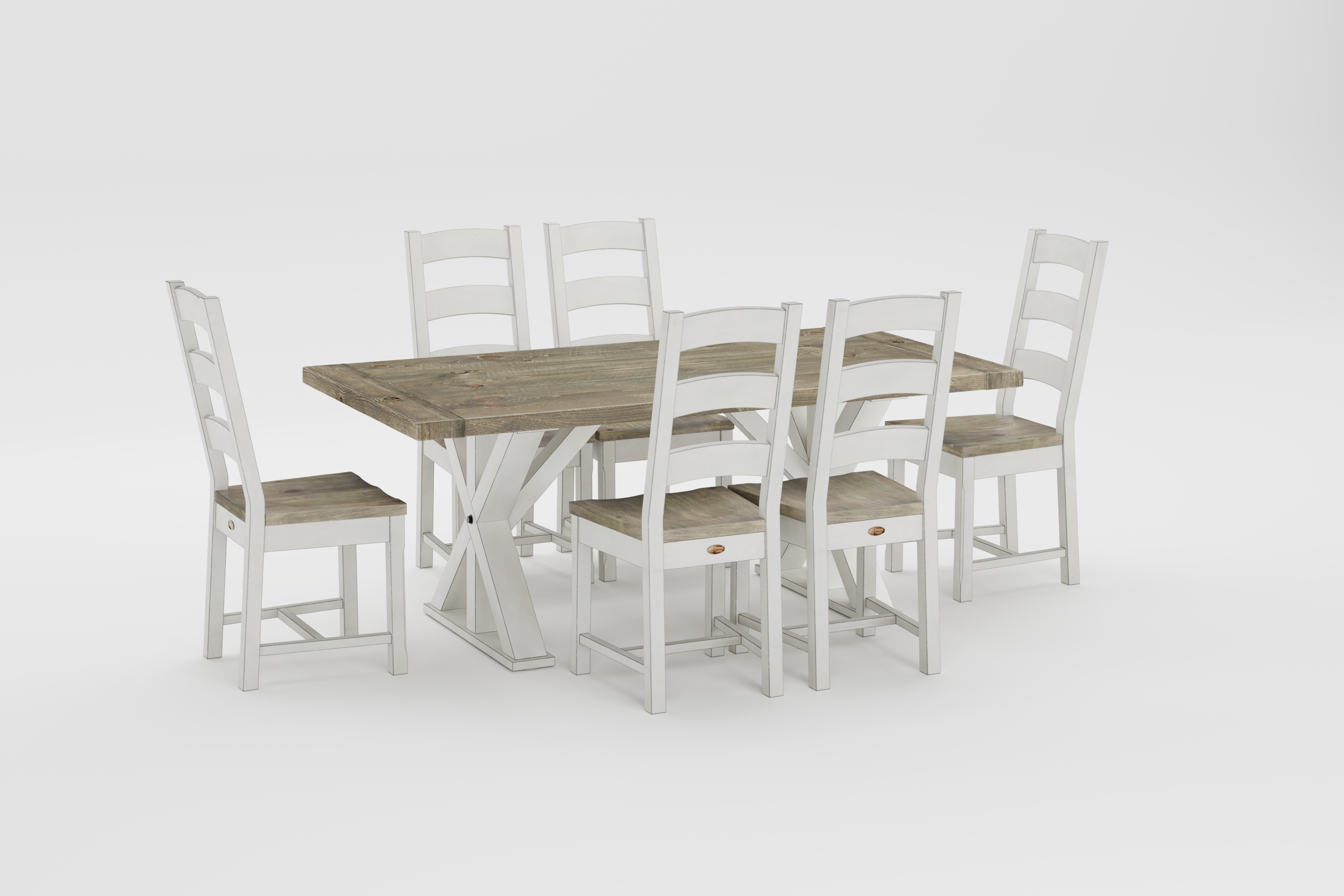 America Collection Medium Brown 40" x 77" with Linen Wood x Base and 6 Ladderback chairs with Linen frames and medium brown seats