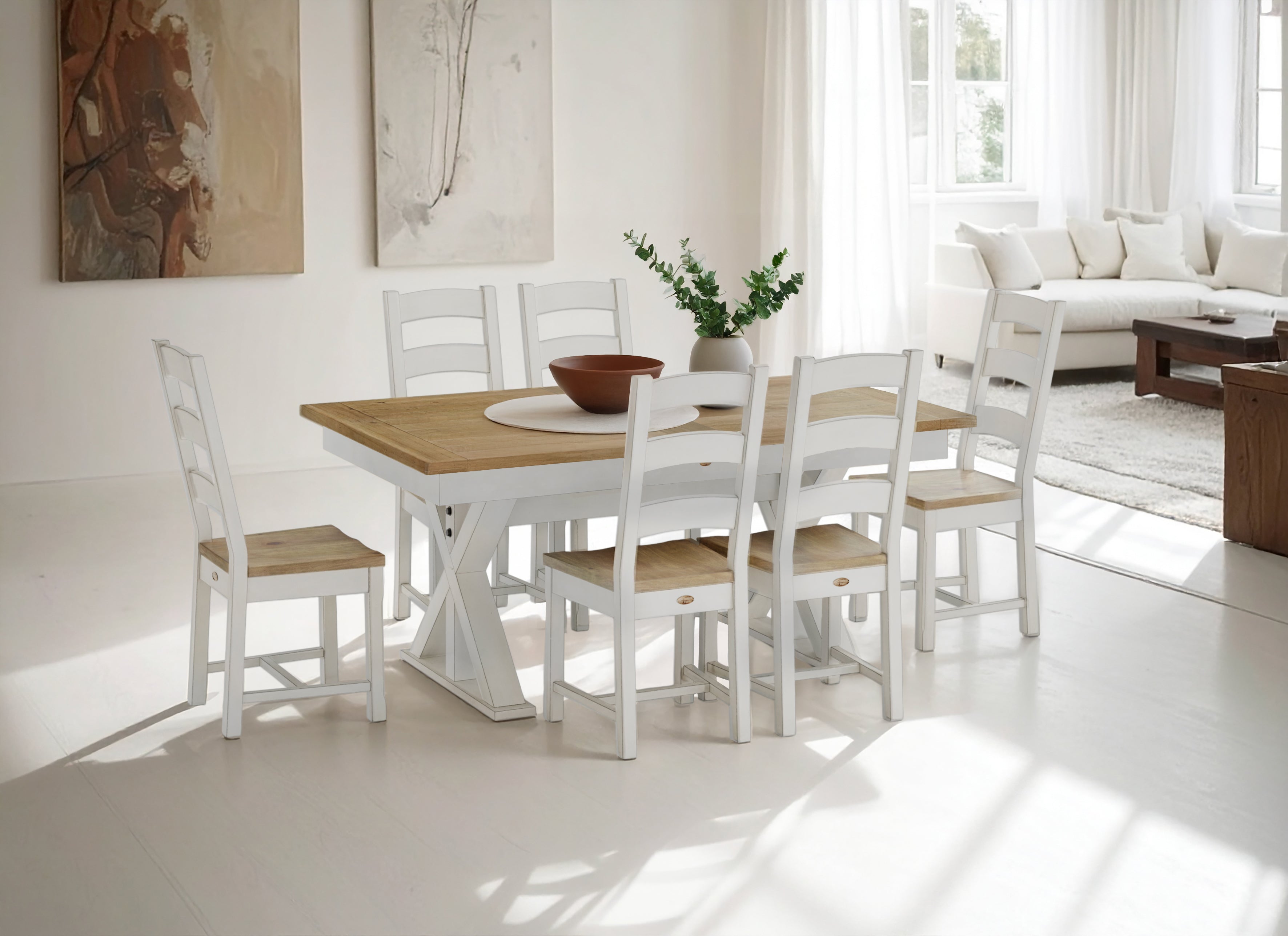 Large Butterfly Collection Rustic Natural Grey with Linen Base and 6 Ladderback chairs with Linen frames and rustic natural grey seats