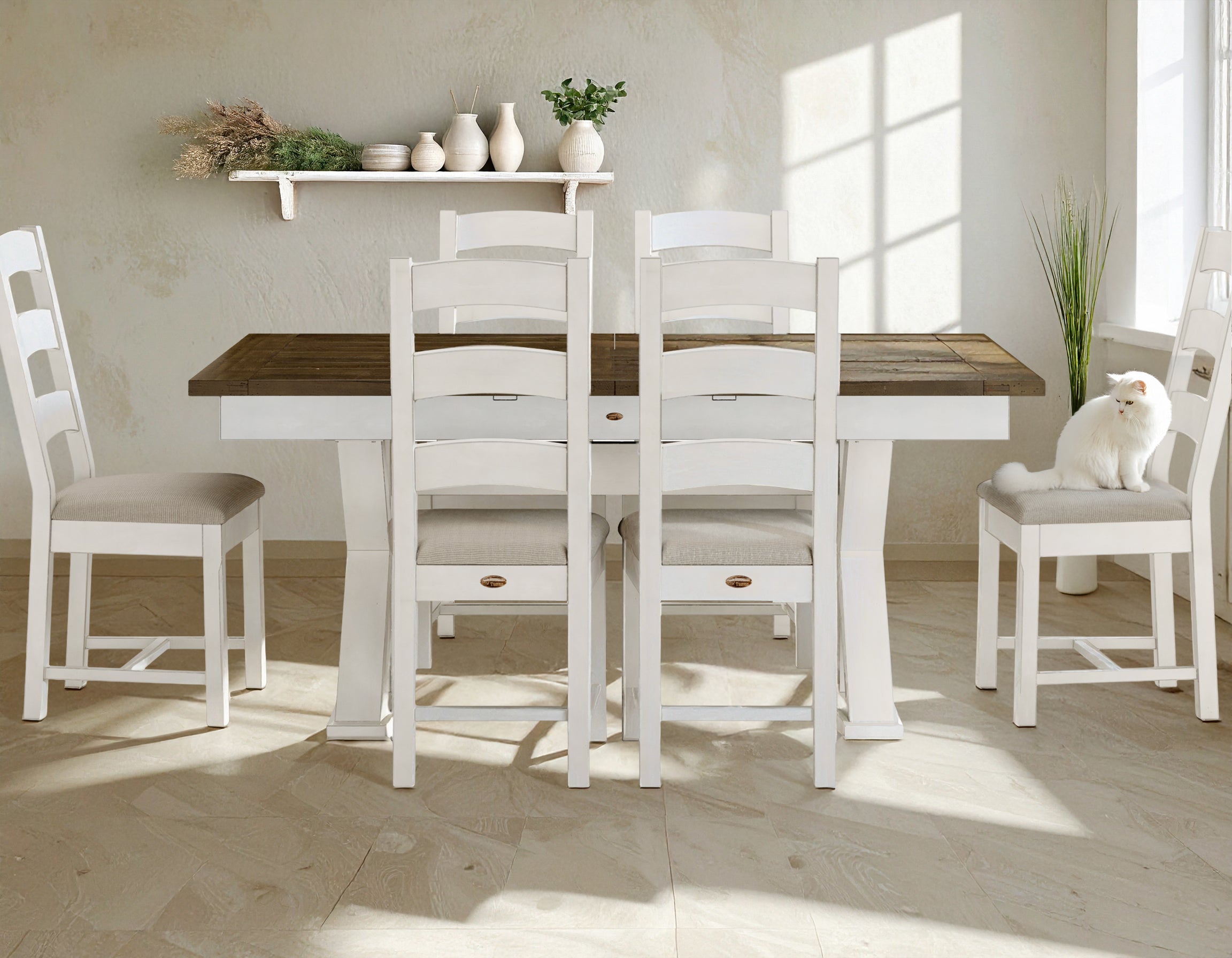 Large Butterfly Collection Medium Brown with Linen Base and 6 Ladderback chairs with Linen frames and cushion seats