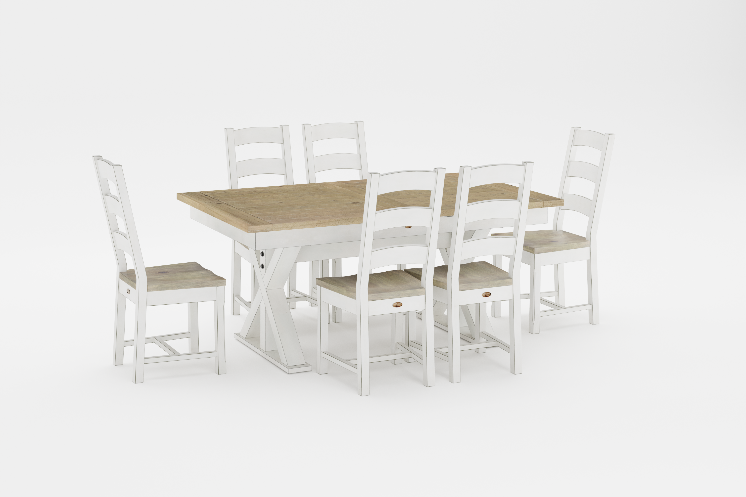 Large Butterfly Collection Rustic Natural Grey with Linen Base and 6 Ladderback chairs with Linen frames and rustic natural grey seats