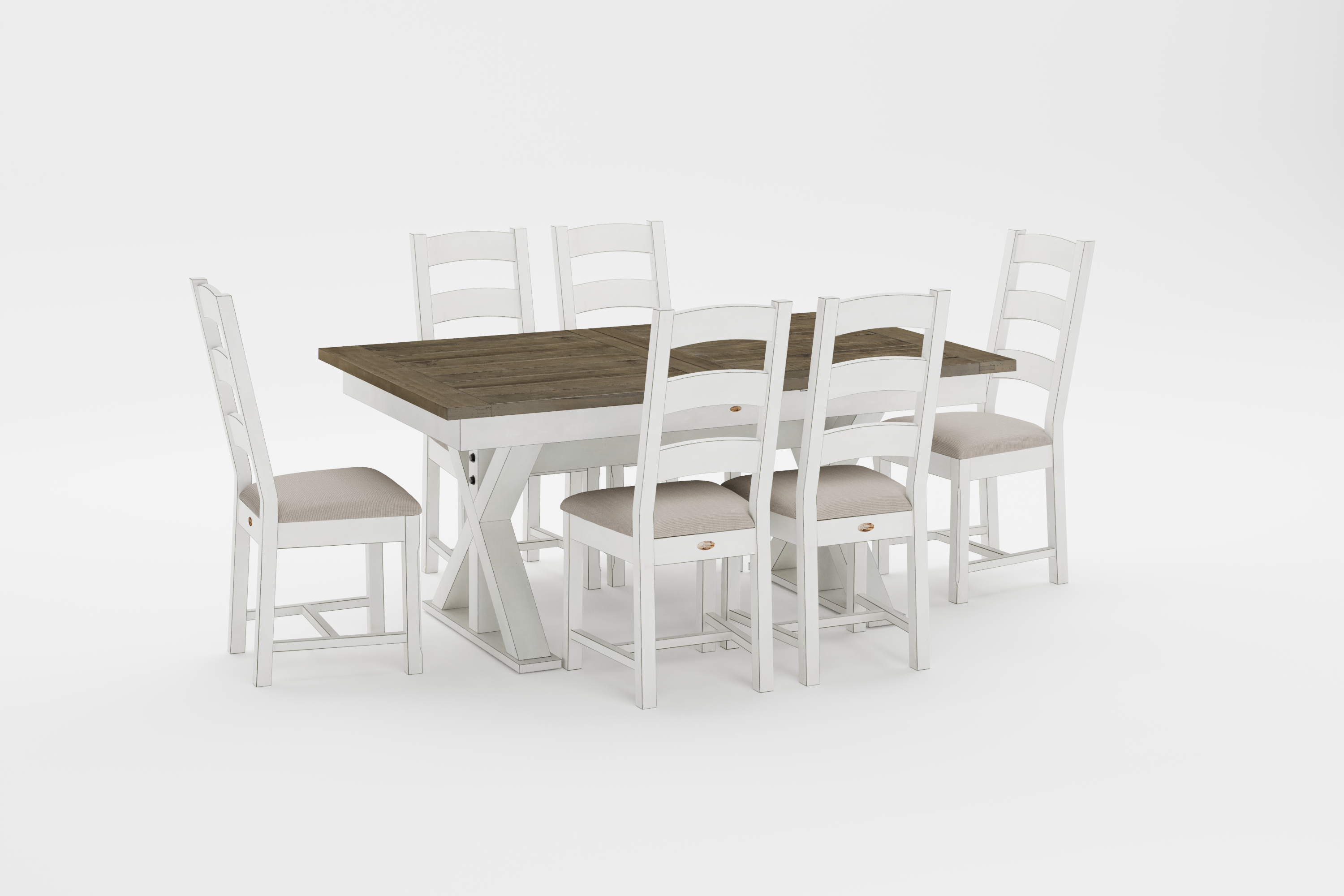 Large Butterfly Collection Medium Brown with Linen Base and 6 Ladderback chairs with Linen frames and cushion seats