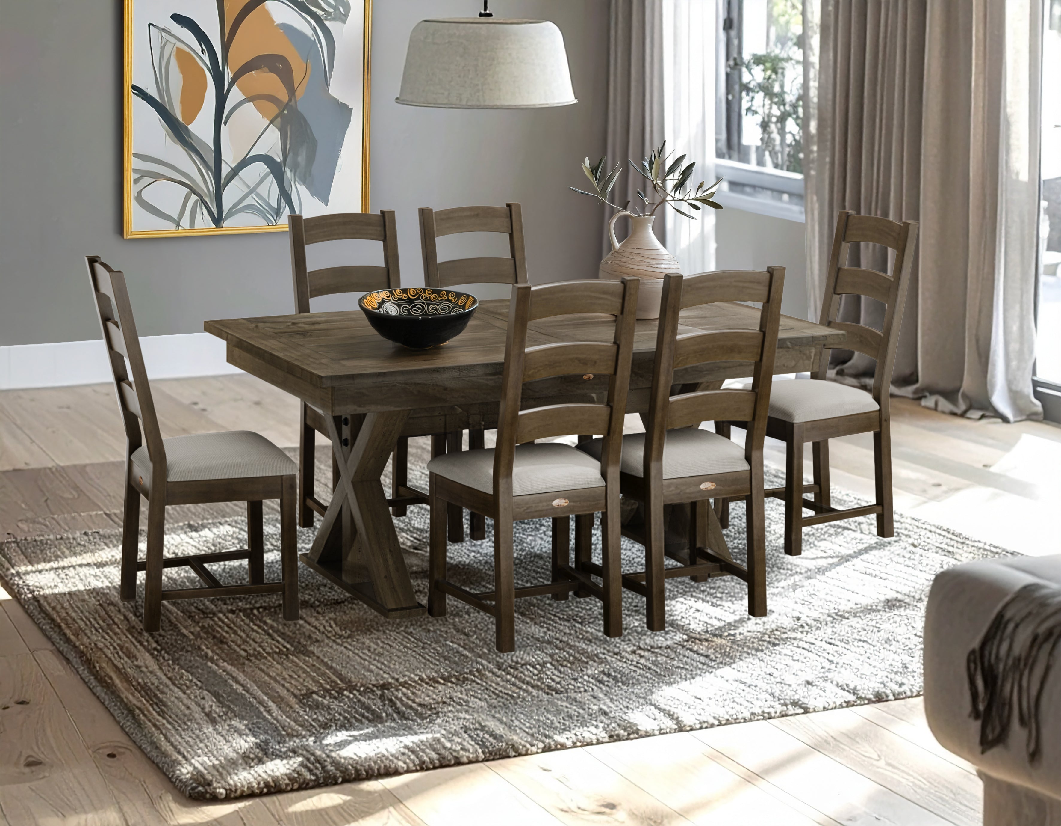 Large Butterfly Collection Medium Brown top and Base and 6 Ladderback chairs with Medium Brown frames and cushion seats