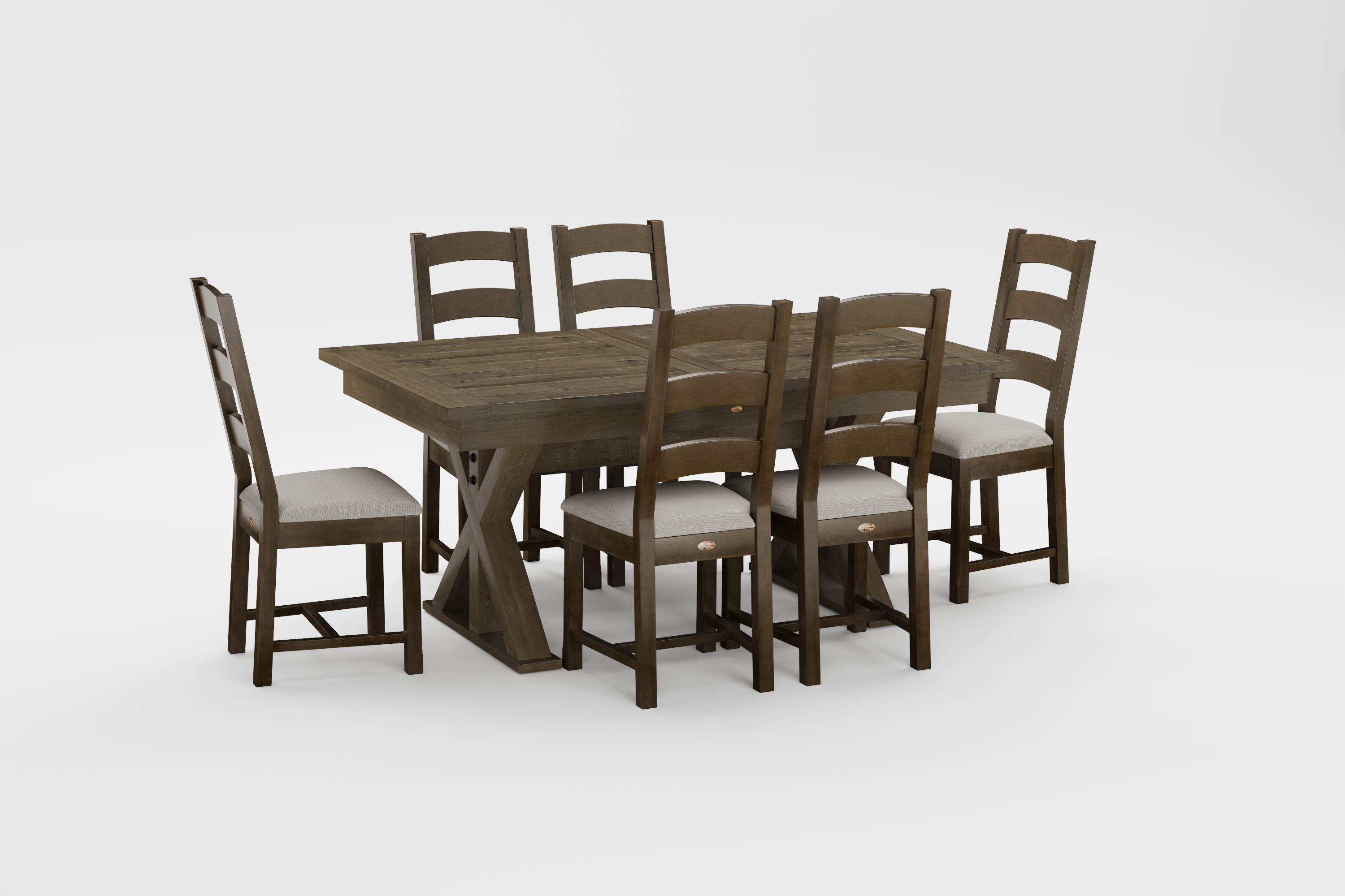Large Butterfly Collection Medium Brown top and Base and 6 Ladderback chairs with Medium Brown frames and cushion seats