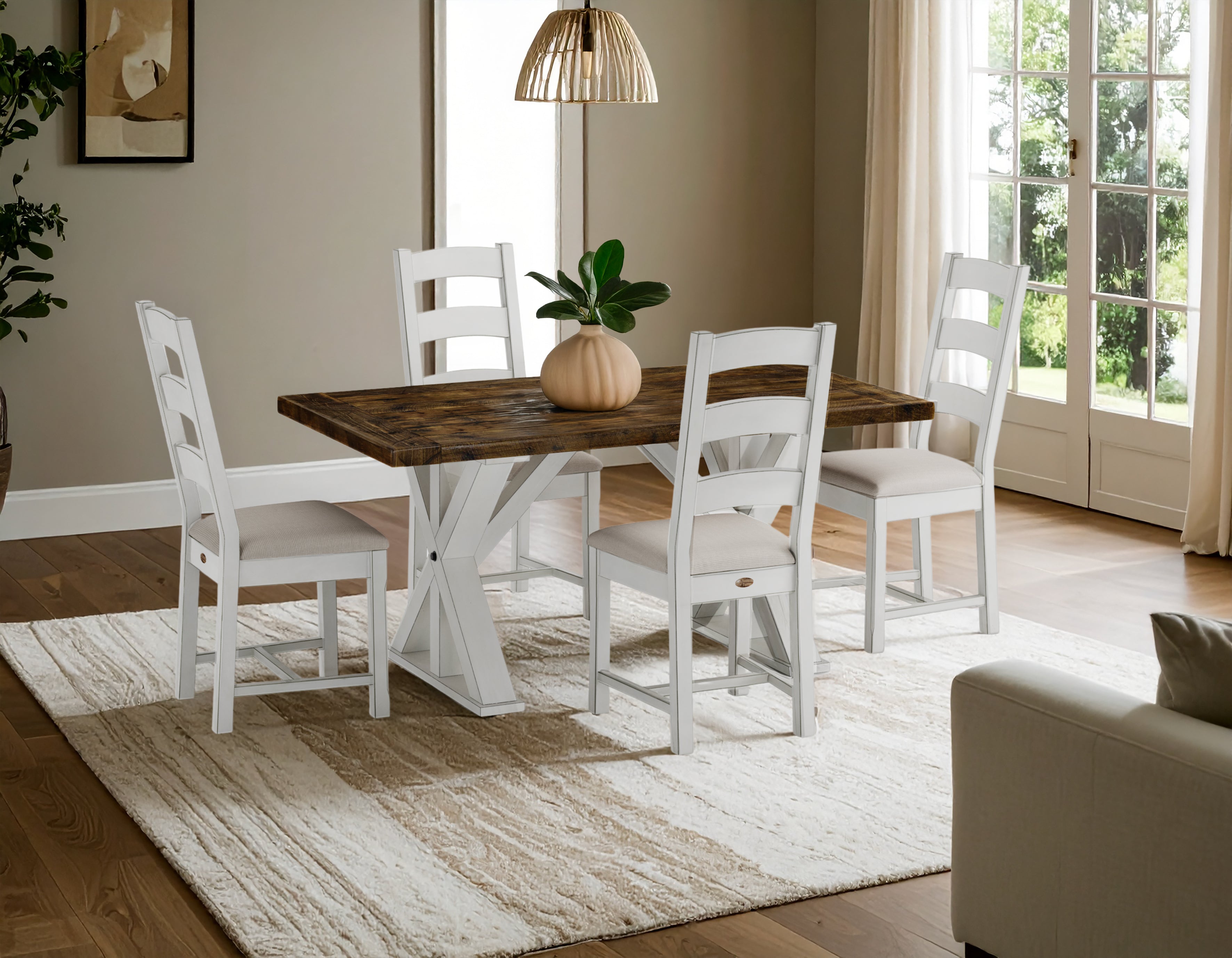 Rustic Timber Collection Medium Brown 36" x 65" with Linen Wood x Base and 4 Ladderback chairs with Linen frames and cushion seats