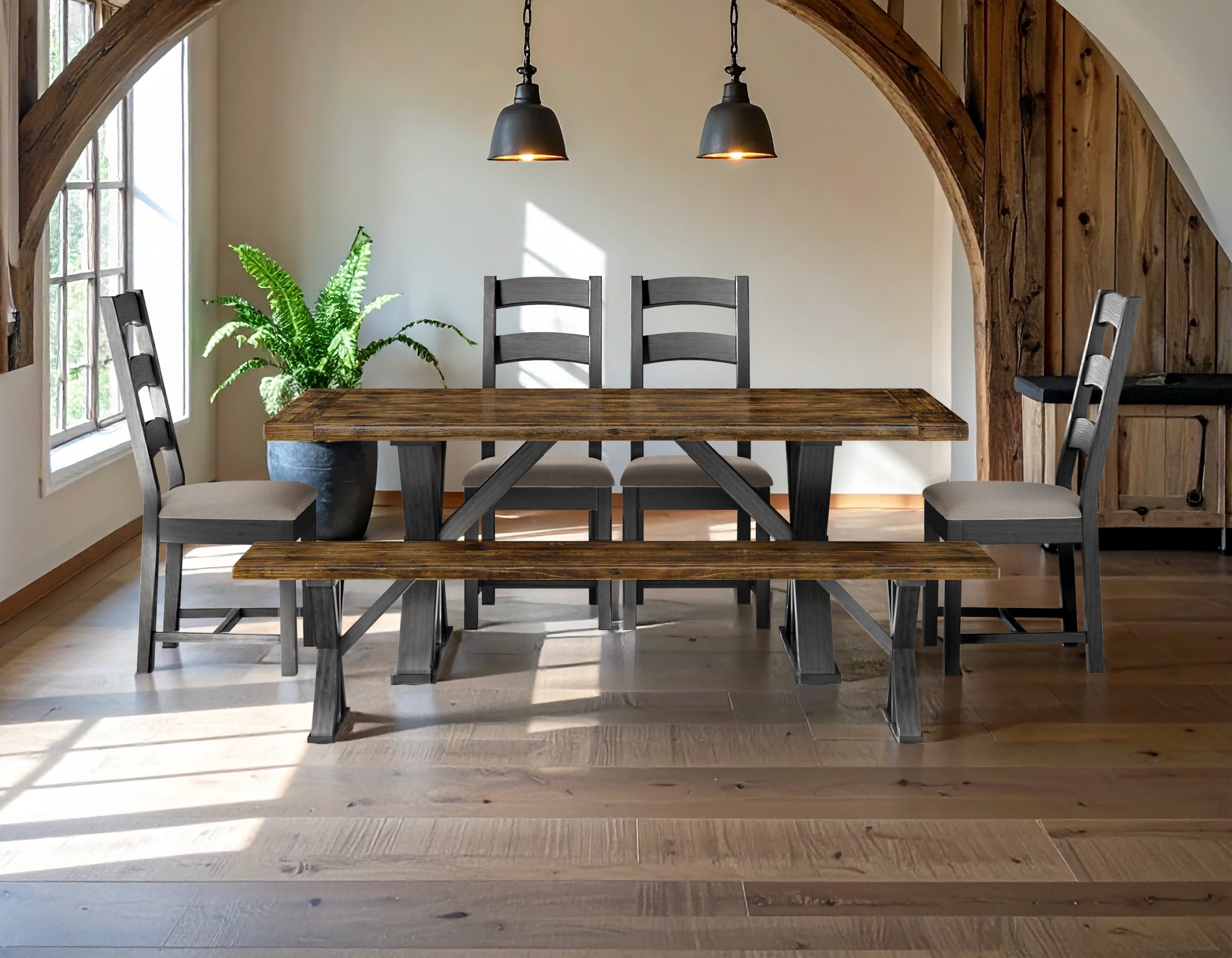 Rustic Timber Collection Medium Brown 40" x 77" with Espresso Wood x Base and 4 Ladderback chairs with Espresso frames and cushion seats and 1 - 77" medium brown bench with espresso wood x base