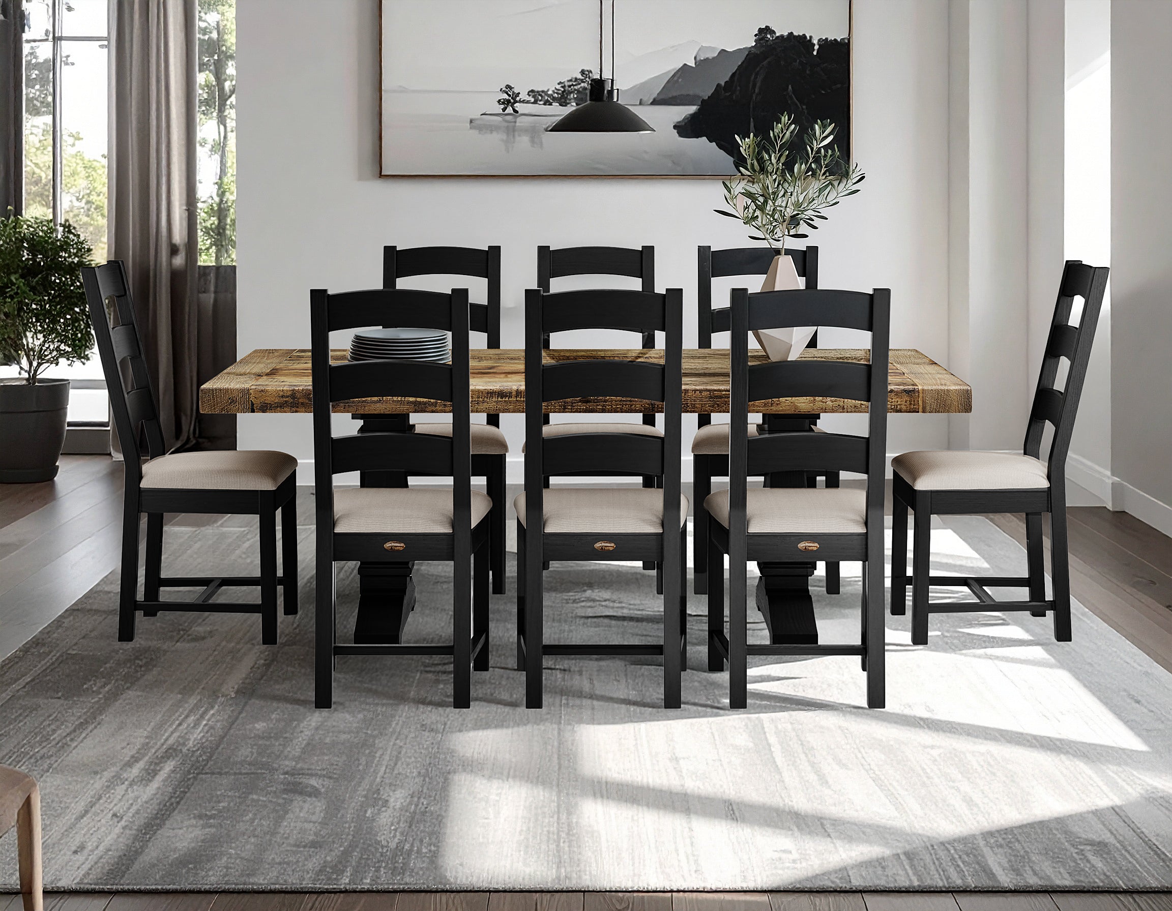 Rustic Timber Collection Rustic Natural Grey 45" x 84" with Espresso Hampton Trestle Base and 8 Ladderback chairs with Espresso frames and cushion seats