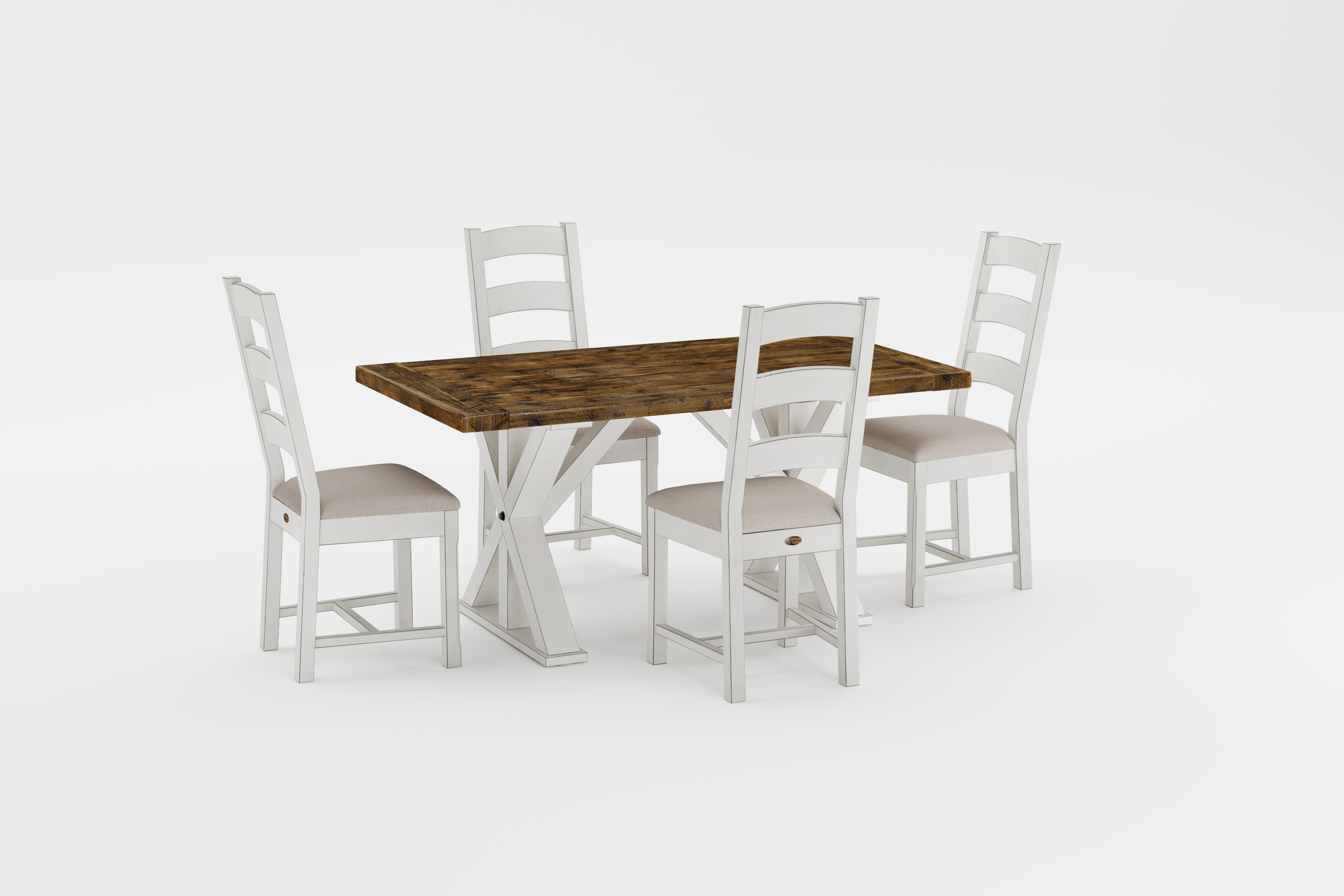 Rustic Timber Collection Medium Brown 36" x 65" with Linen Wood x Base and 4 Ladderback chairs with Linen frames and cushion seats