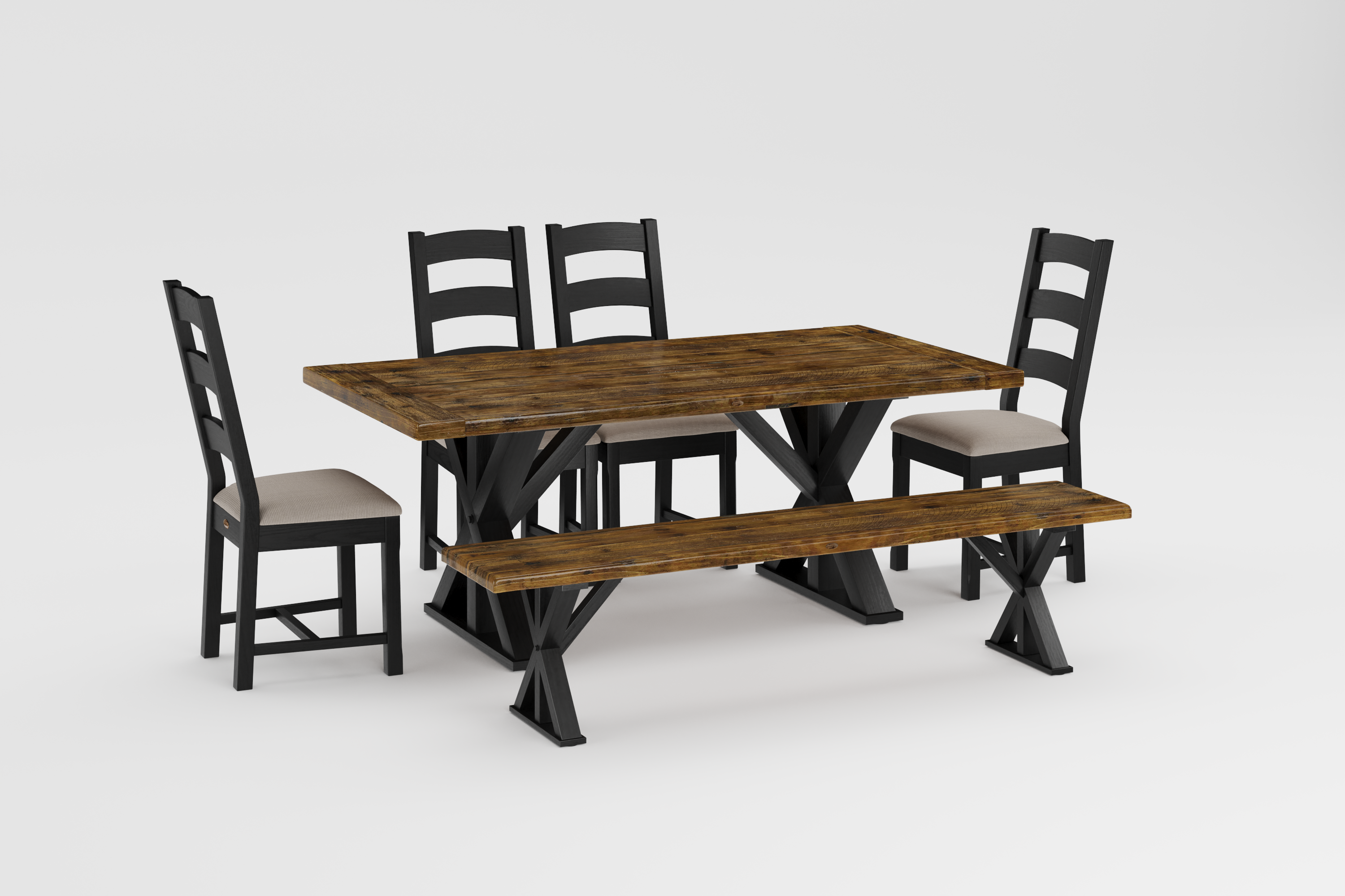 Rustic Timber Collection Medium Brown 40" x 77" with Espresso Wood x Base and 4 Ladderback chairs with Espresso frames and cushion seats and 1 - 77" medium brown bench with espresso wood x base