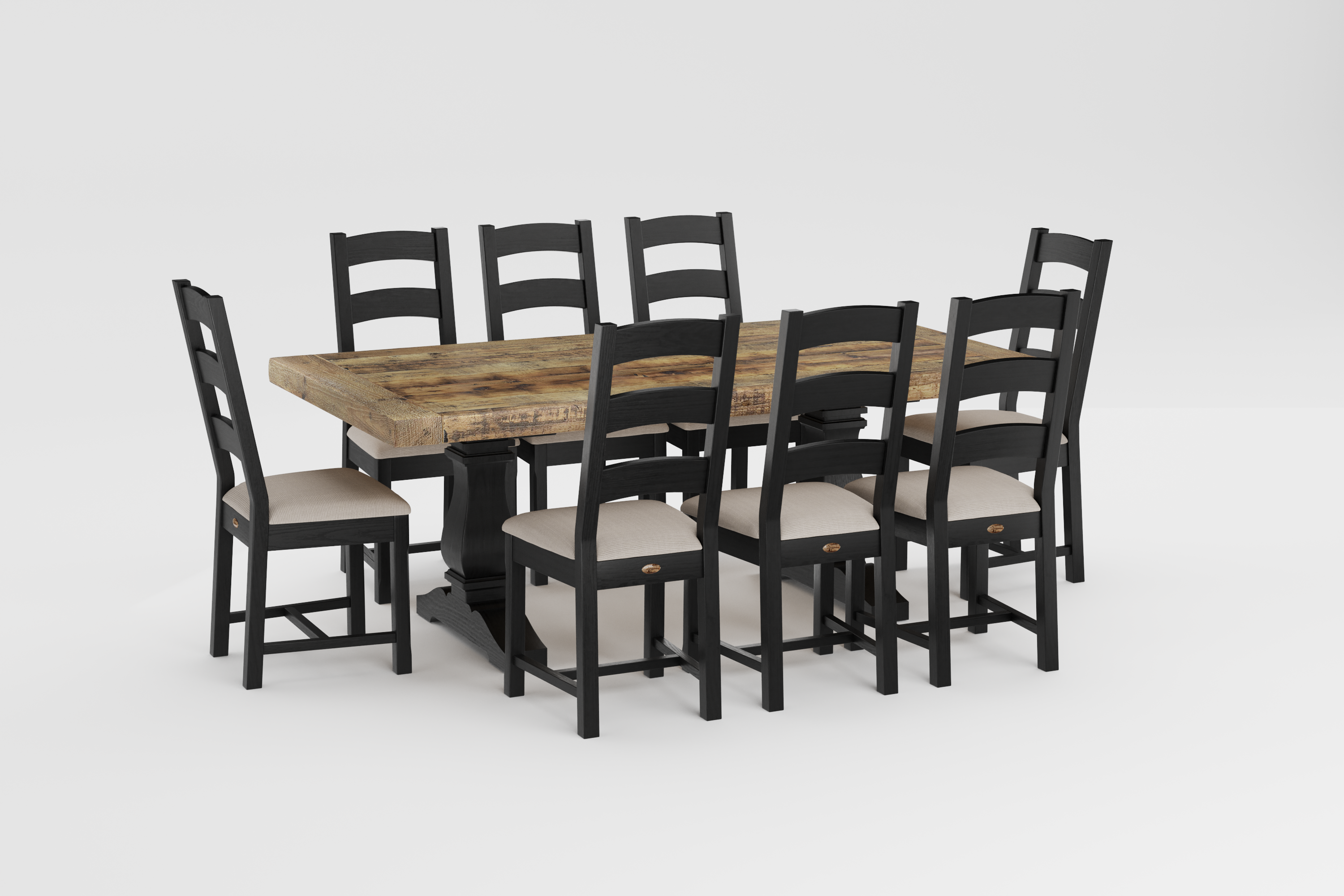 Rustic Timber Collection Rustic Natural Grey 45" x 84" with Espresso Hampton Trestle Base and 8 Ladderback chairs with Espresso frames and cushion seats