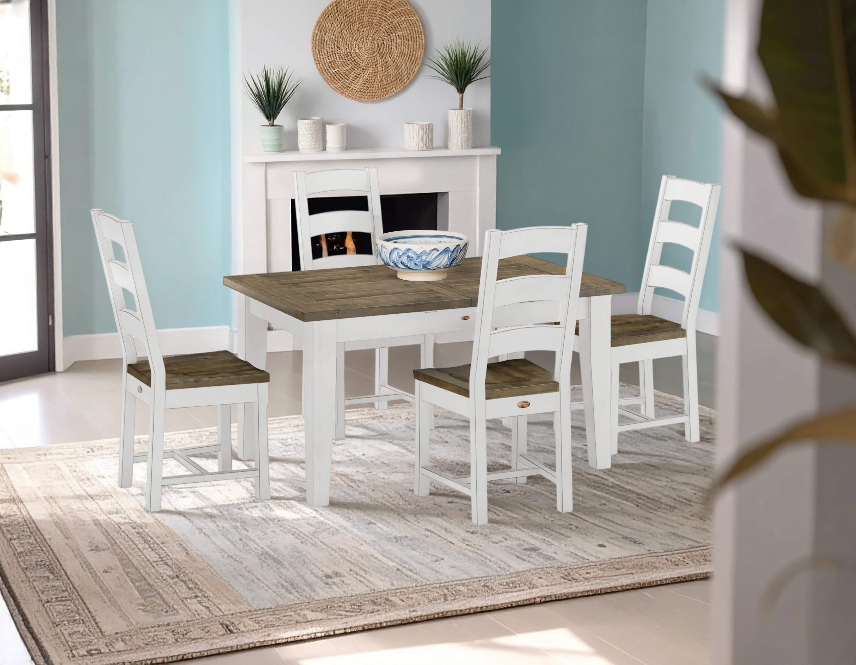 Small Butterfly Collection Medium Brown with Linen Base and 4 Ladderback chairs with Linen frames and medium brown seats