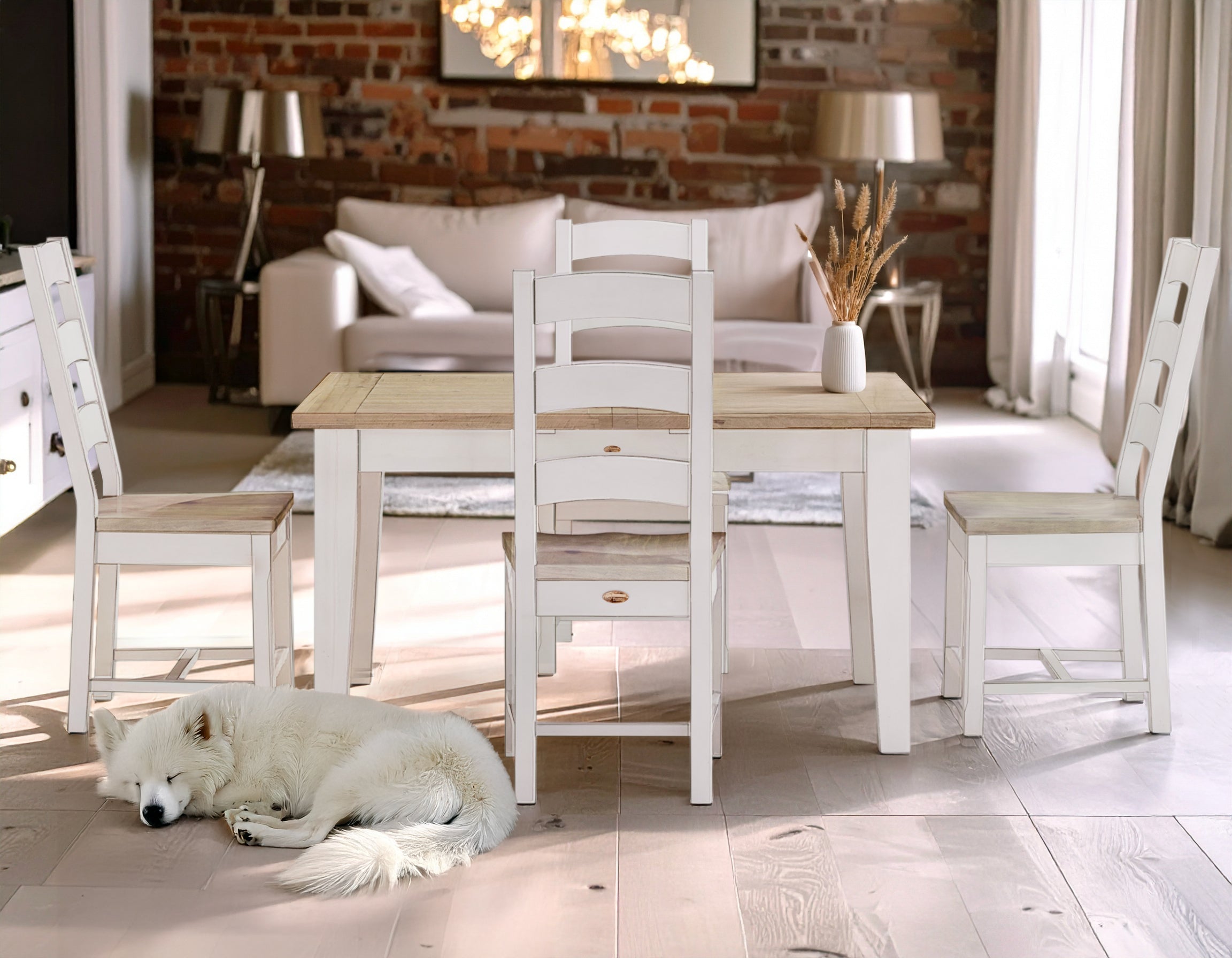 Small Butterfly Collection Rustic Natural Grey with Linen Base and 4 Ladderback chairs with Linen frames and rustic natural grey seats