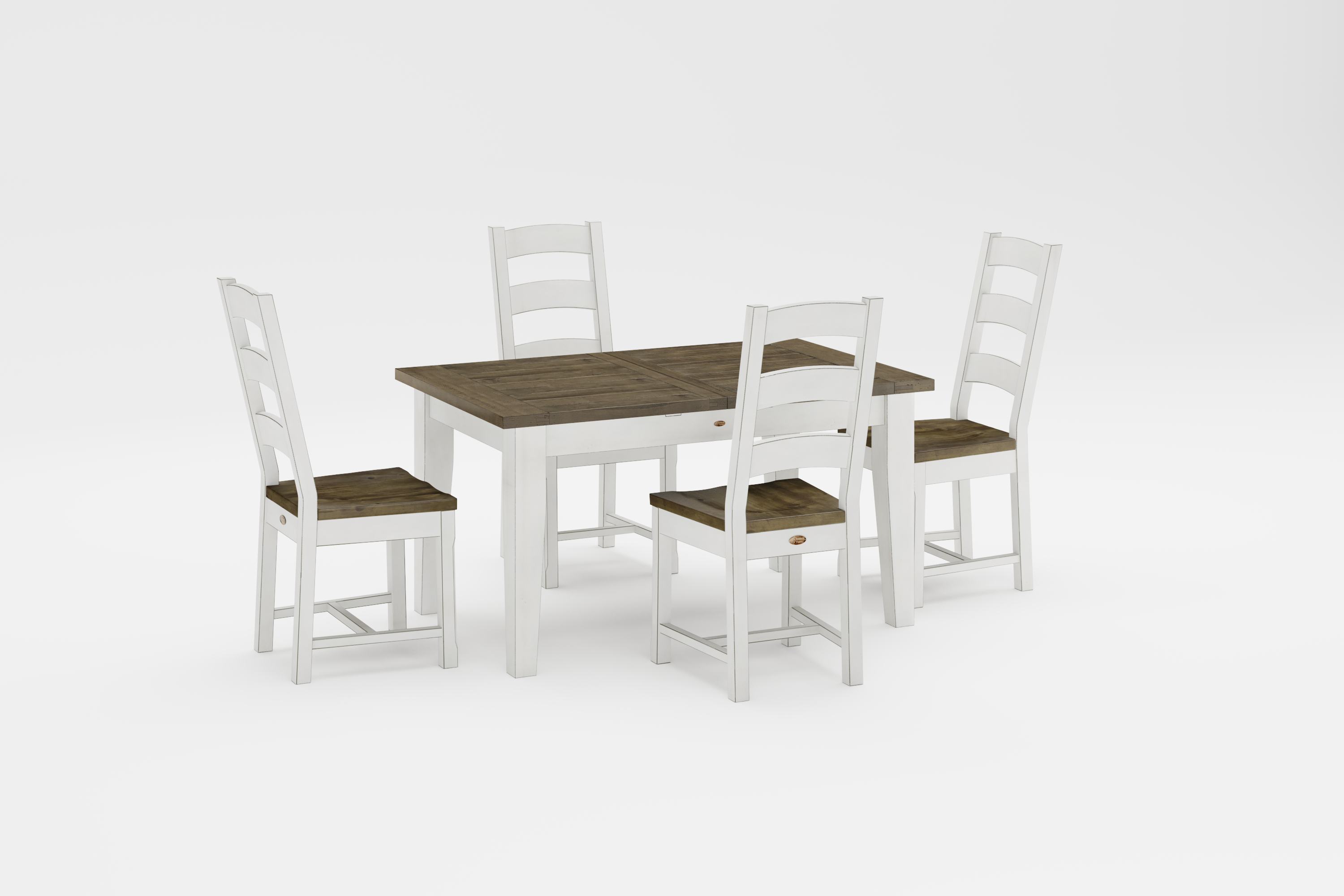 Small Butterfly Collection Medium Brown with Linen Base and 4 Ladderback chairs with Linen frames and medium brown seats