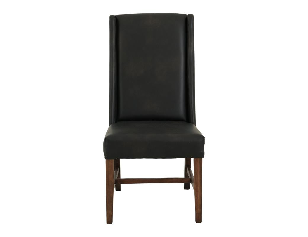 Wooden frame, upholstered chair with a high backrest.