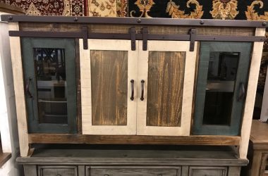 multicolored-tv-stand-buffet-sliding-barn-doors-steel-wrapped-top-glass doors multicolored tv stand/buffet, w/sliding barn doors, steel wrapped top and glass doors