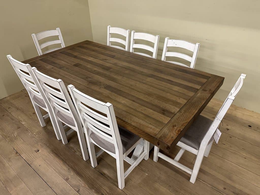 harvest table 45x84 rustic natural top with linen X leg and 8 small linen chairs (5)