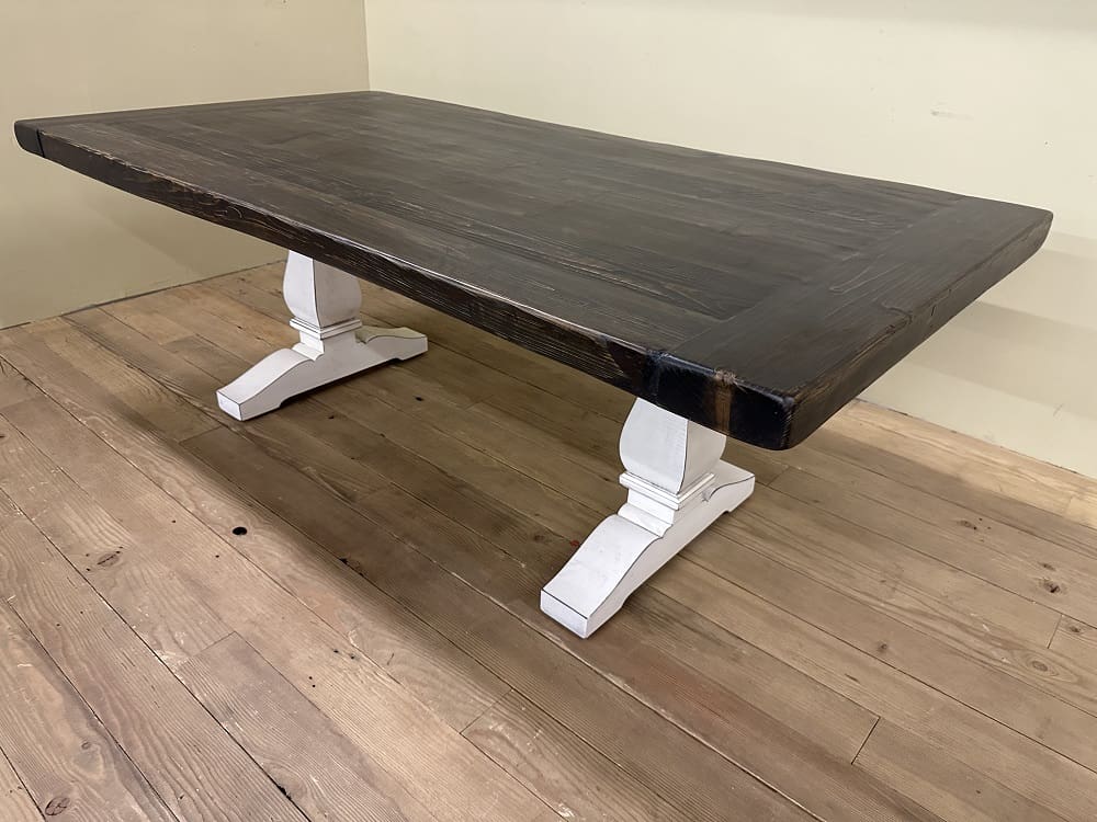 rustic timber collection 45x96 dark grey table top 3 thick with a linen hampton trestle base - Restored Timbers