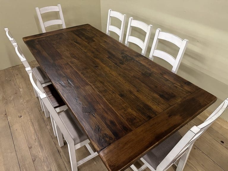 rustic timber collection 45x96 medium brown 2 thick table top with linen ladderback side chairs - Restored Timbers