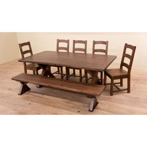 farmhouse collection 45x84 medium brown table top with medium brown wood x legs matching bench and medium brown ladderback chairs - Restored Timbers