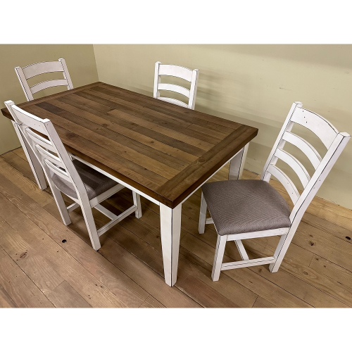 harvest table 36x65 rustic natural top with linen tapered legs and 4 small ladderback chairs linen
