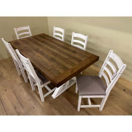 harvest table 40x77 rustic natural top with linen X base and 6 small linen chairs 4 2 - Restored Timbers