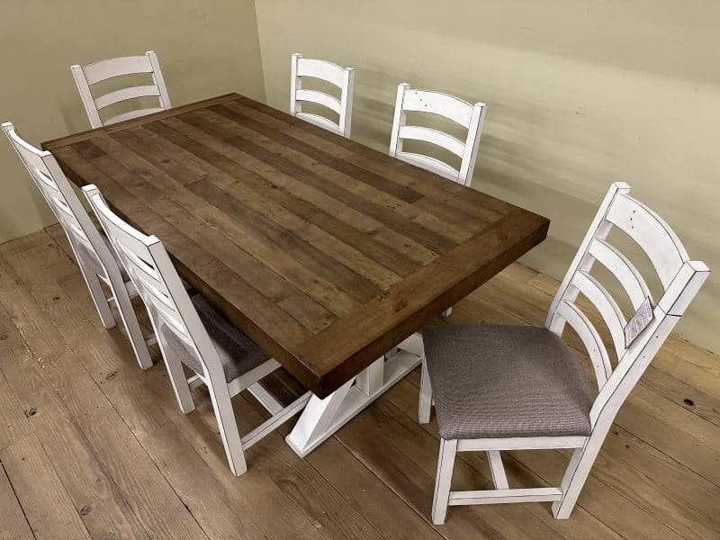 harvest table 40x77 rustic natural top with linen X base and 6 small linen chairs 5 1 scaled - Restored Timbers