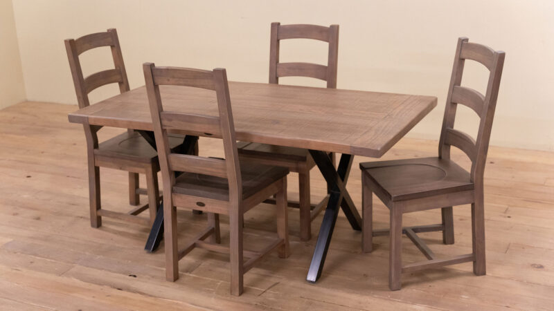 farmhouse collection 36x65 rusti natural grey with 2 steel x legs and 4 rustic natural grey chairs with wood seats 1 - Restored Timbers