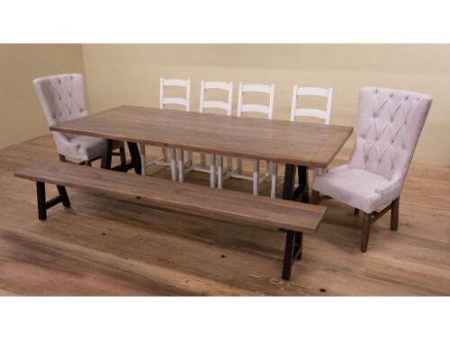 farmhouse collection 45 x 108 rustic natural grey top with a frame steel legs and a matching bench 4 linen side chairs and 2 7332 wing back end chairs1 e1695090600572 - Restored Timbers